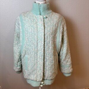Late 80s Mint Confetti Knit Sweater Jacket | Apres Ski Cabin Cozy Med/Large